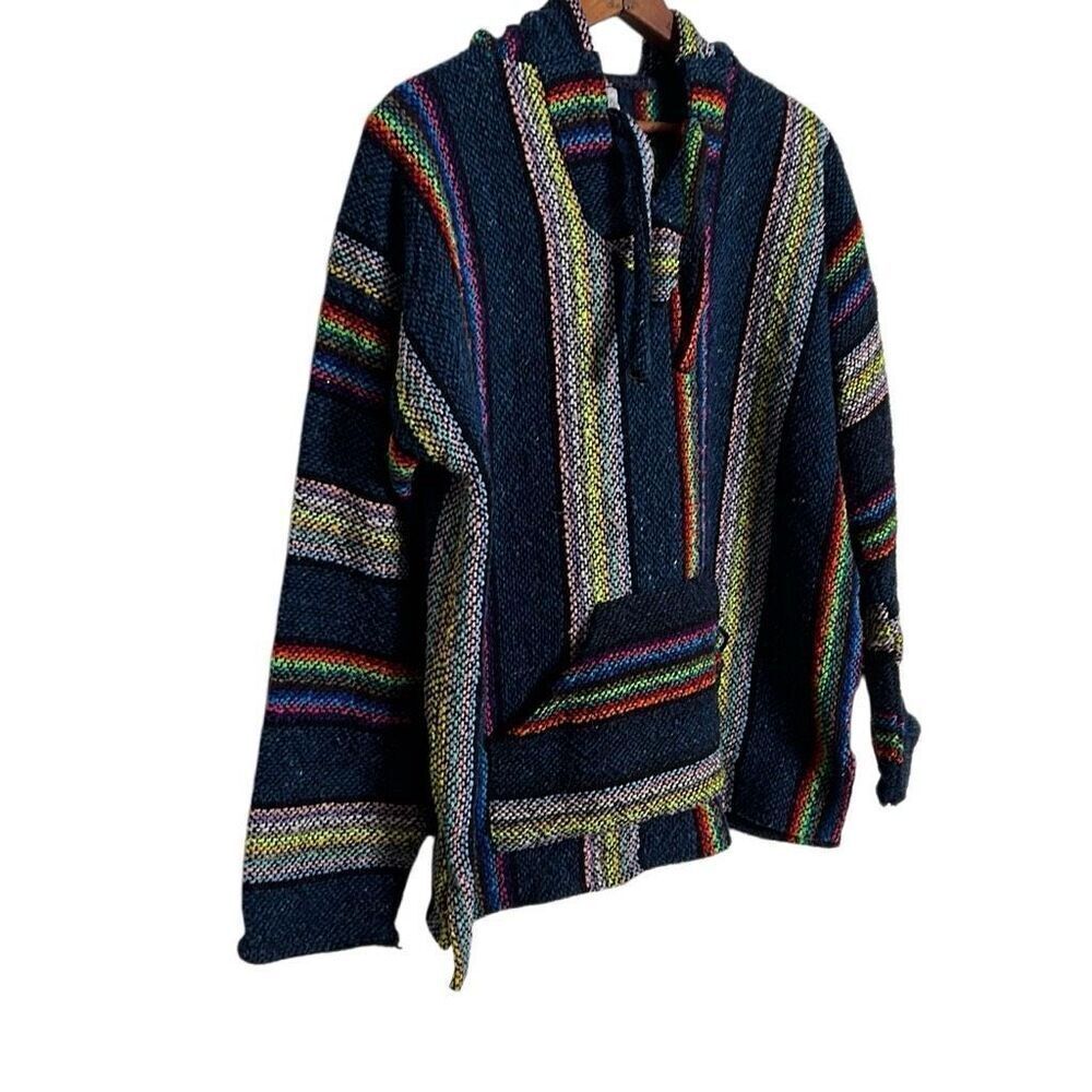 Art Maz Knit Baja Hoodie Mexican Pullover Poncho Sweater Black Yellow Size Large - Picture 3 of 7